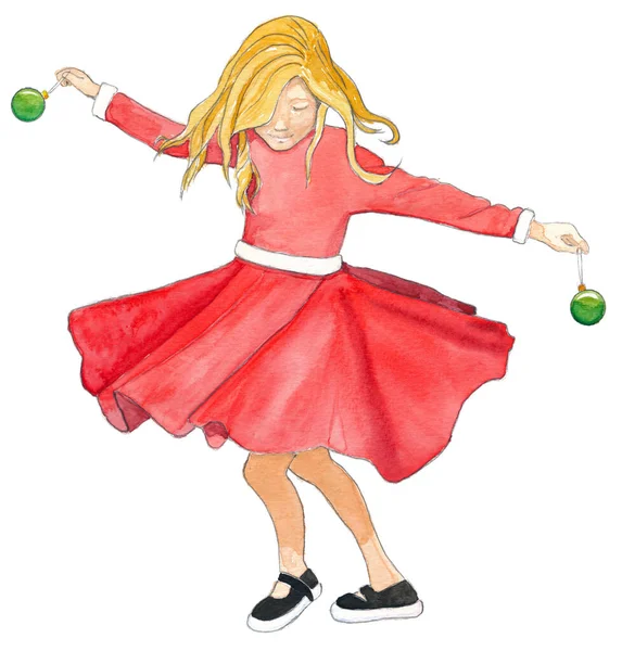 小さな女の子ダンスAクリスマスボールとともに彼女の手 ストック写真