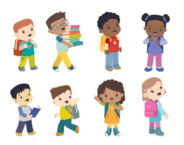 Niños Escuela Multiétnica Con Bolsas Escolares Lindo Sonriente Pie Diferentes — Vector de stock