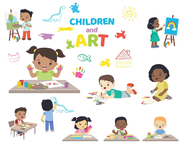 Multi Ethnic School Παιδιά Που Κάνουν Τέχνη Διασκέδαση Και Εκπαιδευτικό — Διανυσματικό Αρχείο