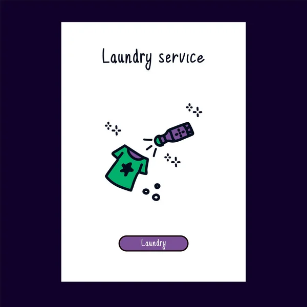 Ikon kartun membersihkan pakaian dari noda untuk layanan Laundry. Logo untuk ruang Laundry dengan gaya gambar tangan Doodle. Contoh untuk logo kamar Laundry. Cute Doodle dari berwarna Ikon ruang cuci. - Stok Vektor