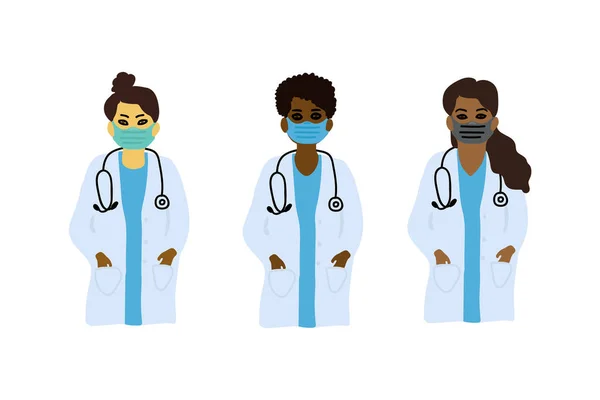 Набор этнических женщин-медиков. Женщины-врачи в масках многоразовые персонажи. Векторная карикатура на концепцию медицинских работников — стоковый вектор