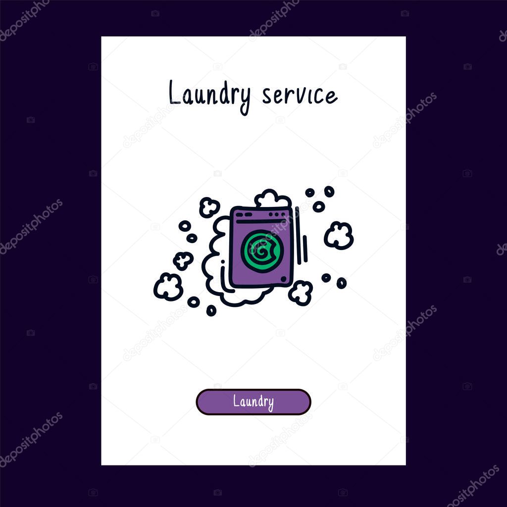 For the web icon of the washing machine for the Laundry service. Cartoon logo in Doodle style for Laundry room. Template for the washing machine logo. Doodle colored Laundry room icons.
