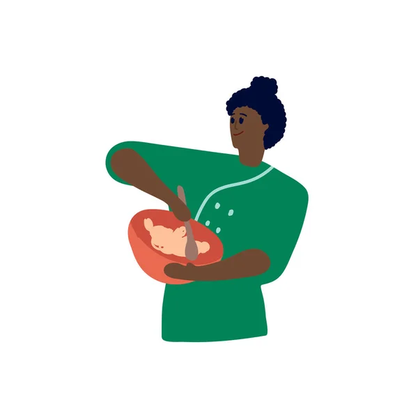 Mulher étnica vectora Baker. Mulheres para se preparar para comer alimentos mistos. Ilustração do conceito de uma mulher africana Baker. A imagem é desenhada à mão no estilo plano. — Vetor de Stock