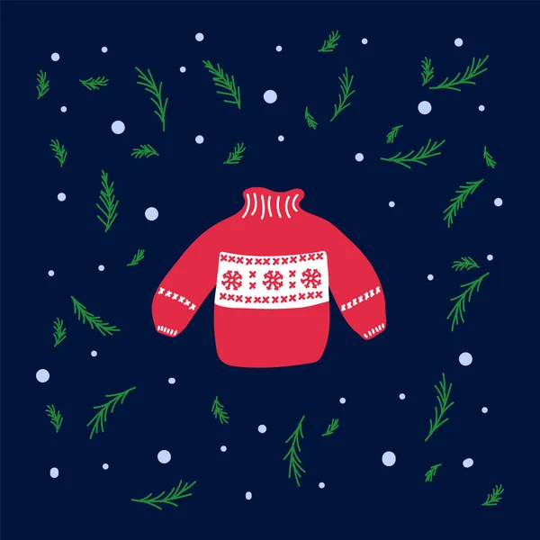 Illustration du Nouvel An avec une veste rouge en vecteur. Photo avec une veste un symbole de l'hiver. Dans un cercle d'arbres de Noël verts et de neige sur un fond sombre. Vêtements chauds dessinés à la main — Image vectorielle