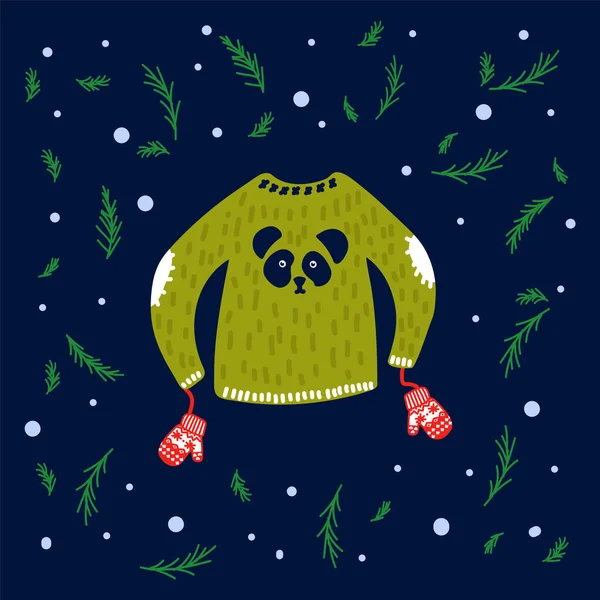 Illustration pour sweat-shirts du Nouvel An avec un motif. Image vectorielle avec une veste verte et des mitaines. Illustration dans un cercle d'arbres de Noël verts et de neige. Vêtements chauds dessinés à la main dans le style de — Image vectorielle