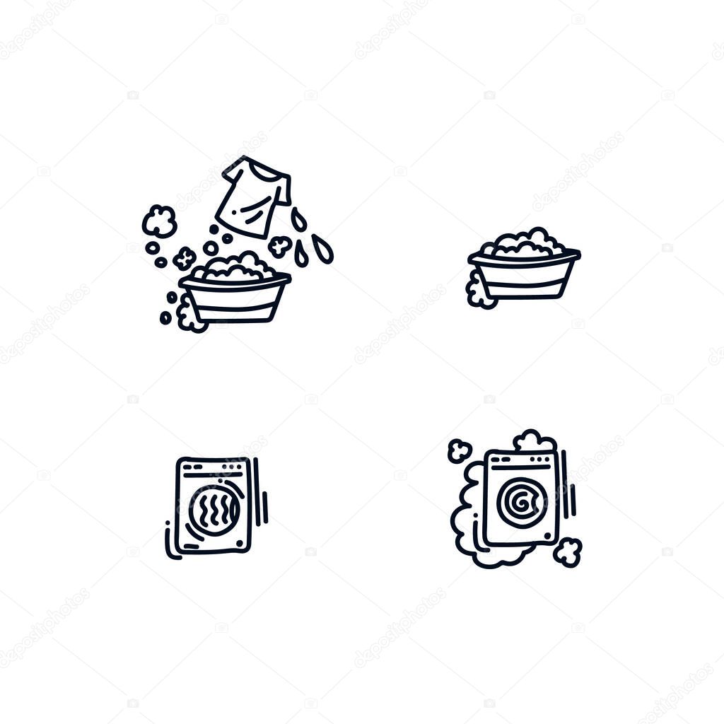 Collection of beautiful icons for Laundry service drawn in Doodle style. A set of four icons: Laundry, washer and dryer is perfect for Laundry service. Icons drawn by hand in a line on a white