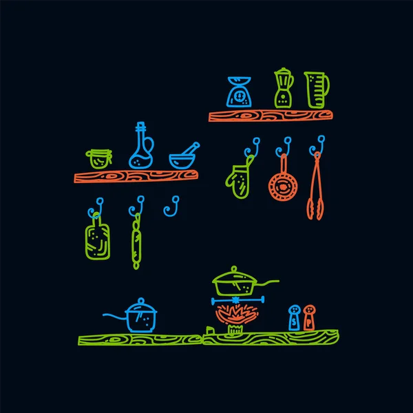 Dibujos animados multi-color conjunto de iconos de cocina Doodle. Colección vectorial de cocina en un café: cocina de alimentos, utensilios de cocina, ollas, sartenes, cucharas, cuchillos, cubos, combina, mezclador, pintura de pared arte lineal — Archivo Imágenes Vectoriales