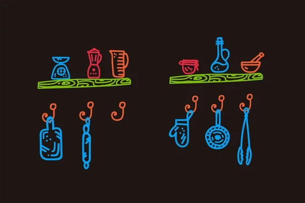Векторный многоцветный набор кухонных значков Doodle. Мультфильм комплект приготовления пищи в кафе: приготовление пищи, кухонная утварь, кастрюли, кастрюли, ложки, ножи, ведра, комбайны, миксер, настенный дизайн линейного творчества — стоковый вектор