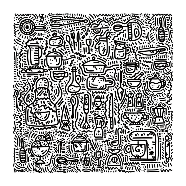 Vektör mutfak Doodle arka planı. Kafe şablonu tasarımı: Lezzetli yemekler, mutfak aletleri, tencere, tava, kaşık, bıçak, kova, kombinasyon, mikser, mutfak duvarı sanatı. Restoran duvarı Doodle. Vektör sanatı