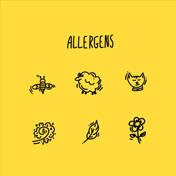 Colección de iconos de alérgenos dibujados linealmente. Conjunto de iconos de alérgenos. Iconos diseñados para indicar alérgenos en los alimentos o en el hogar de una persona. Etiqueta de contraindicaciones médicas en el envase del producto. — Vector de stock