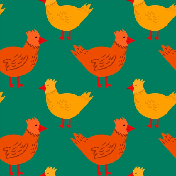 Fondo de primavera de gallinas amarillas y rojas. Patrón de dibujos animados con lindas aves de compañía. Fondo sin costuras en verde con pollos de Pascua. Felices vacaciones de primavera de Pascua. — Vector de stock