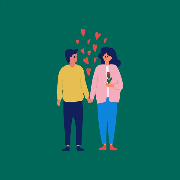 Un couple amoureux d'un rencard. Couple mignon marchant ensemble, date romantique et femme avec illustration vectorielle de dessin animé fleur. Une femme et un homme sont amoureux, une belle paire de personnages avec des cœurs — Image vectorielle