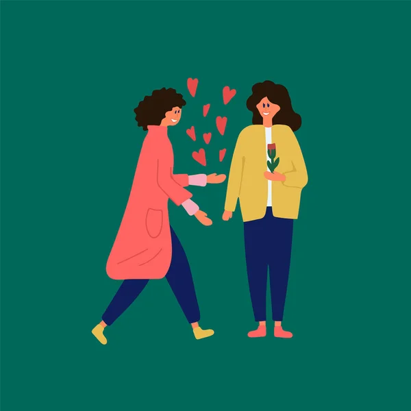 Ilustração de um casal no amor. Casal feminista apaixonado por uma ilustração romântica de vetor de data. Uma mulher com uma flor e uma companheira encantadora. Belo casal feminino com corações ao redor. —  Vetores de Stock