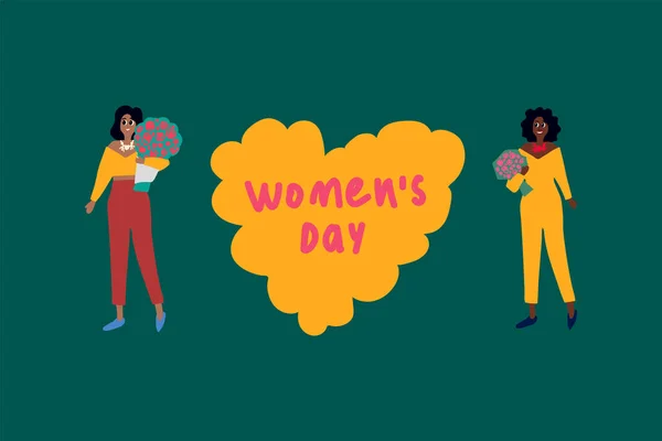 Kadınlarla dolu bir poster ve Kadınlar Günü afişi. 8 Mart 'ta içinde kızlar ve çiçekler olan tebrik kartı. Özgürlük ve cinsiyet eşitliği için savaş. — Stok Vektör