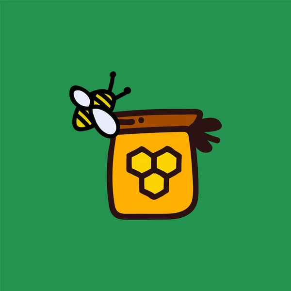 Illustration of honey bees on a jar of honey. Vector color Doodle drawn for a Bee farm. Beautiful sticker of a bee with a jar of honey for company. — Stock Vector