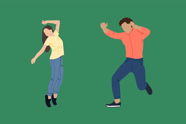 Hareket halindeki insanların tasviri. Bir erkek ve bir kız dans ediyor. Günlük giysiler içindeki bir grup karakter. Bir erkek ve bir kadın düz bir şekilde bir kitapçık ya da afiş tasarımı için çizilmiş..