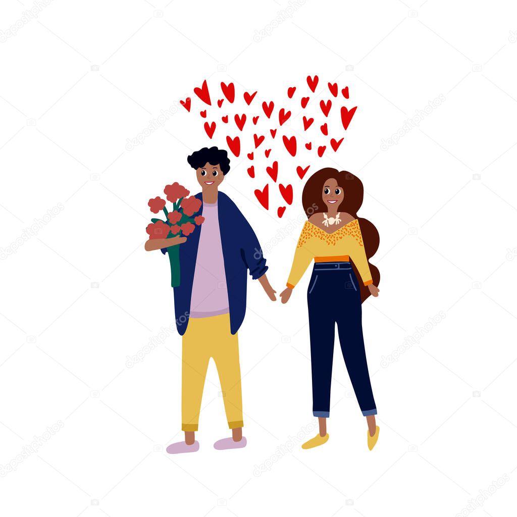 Clip art of a walking couple in love. Date a guy and a girl on Valentines Day in vector. A man with a bouquet of flowers in a circle with hearts around on the day of love.