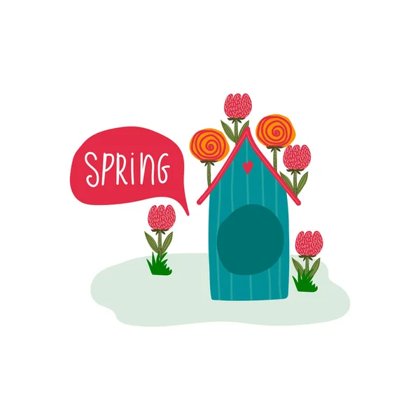 Federvektorillustration mit einem Haus. Cartoon Spring Illustration mit einem niedlichen Tierhaus von Hand gezeichnet. Schöne Grußkarte mit dem ersten Tag des Frühlings. — Stockvektor