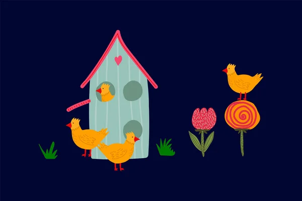Spring greeting card with Easter chickens and a cute house. Concept of a festive Easter illustration with yellow chickens and a flower bed. Hand-drawn landscape with animals for Easter in a flat style — Stock Vector