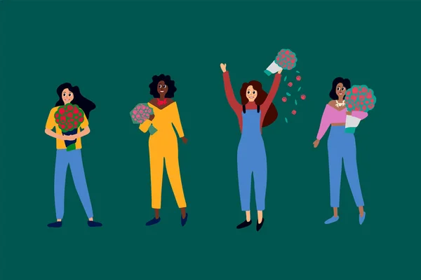 Un grupo feminista de personas. Colección de dibujos animados de las mujeres. Concepto de fondo para el día de la mujer. Hermosos personajes, de pie en diferentes ropas con un ramo de flores, una mujer con las manos en alto - — Vector de stock