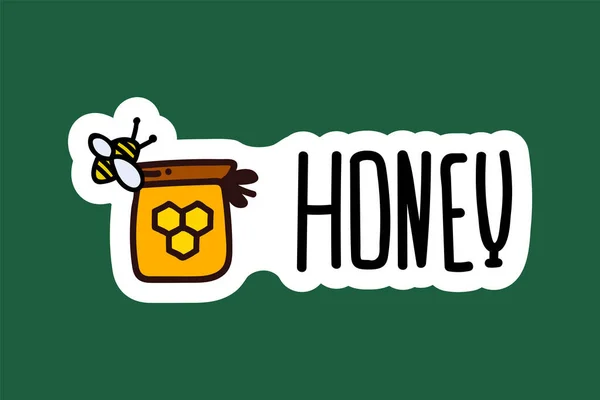 Illustration von Honigbienen auf einem Glas mit der Aufschrift Honig. Vector niedliches Doodle für eine Bienenfarm gezeichnet. Aufkleber mit einem Glas für die Honigfirma. — Stockvektor