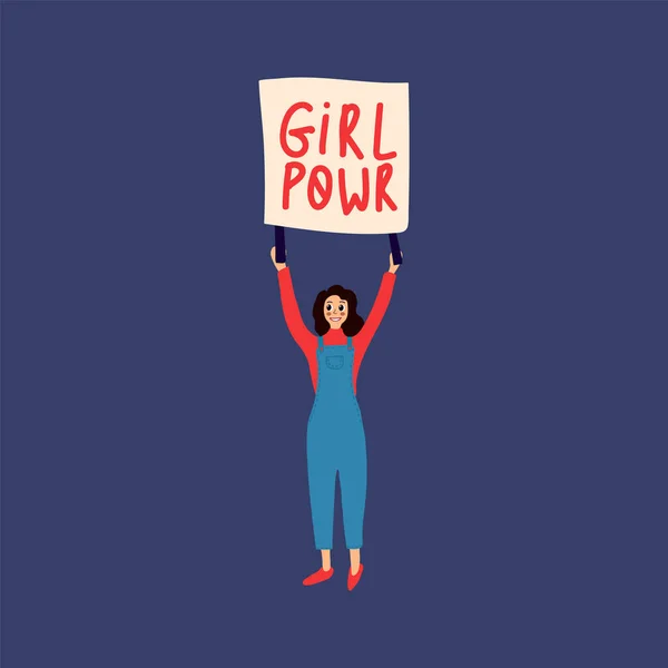 Ilustração de uma mulher com um cartaz. Postais feministas de uma menina com a inscrição Girl Power. As mulheres protestam contra a arte no dia internacional das mulheres. Pessoas desenhadas à mão com um banner de estilo plano. — Vetor de Stock