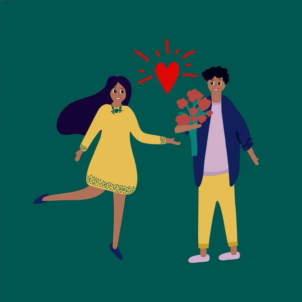 Jongeren verliefd op Valentijnsdag. Afbeelding van een echtpaar op 14 februari met de hand getekend. Datum van een man en een vrouw in de platte stijl op een donkere achtergrond. Een jongen en een meisje lopen samen in een — Stockvector