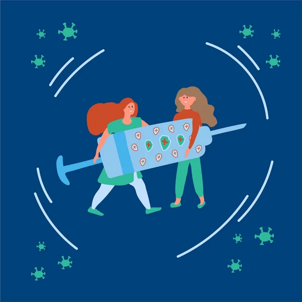 Vector illustratie van artsen met een spuit. Cartoon actie van virus Vaccine. Bestrijding van COVID-19 virussen. Een met de hand getekend beeld in vlakke stijl over de strijd tegen het coronavirus. — Stockvector