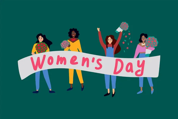 Плакат женского дня. Векторная иллюстрация с женщинами со знаменем "Женский день". Борьба за свободу, власть девушек, независимость, равенство всех полов. — стоковый вектор