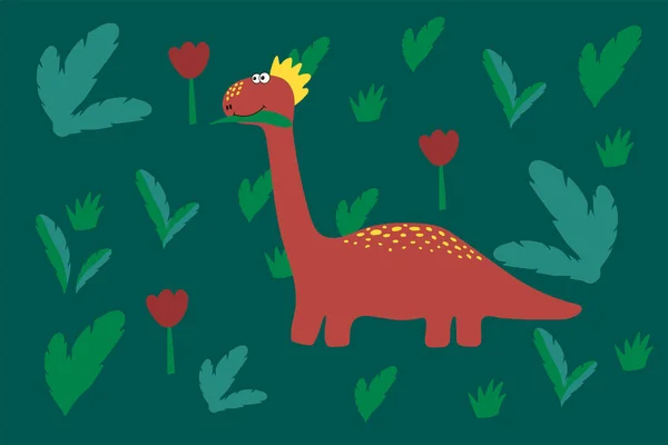 Dinossauro bonito na floresta. Desenhos animados para tecidos infantis. Dino para um belo banner ou cartão postal. Um animal estilizado em um prado verde pintado no estilo do apartamento da mão. — Vetor de Stock