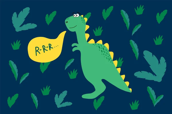 Vector bonito dinossauro na floresta. Ilustração de um dinossauro em um ambiente natural verde. A textura da floresta com os animais selvagens. Um padrão desenhado à mão para a moda infantil. —  Vetores de Stock