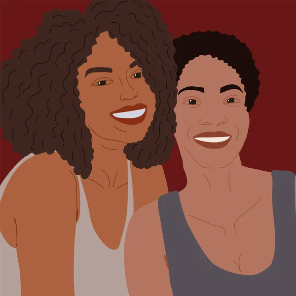 Illustratie portret van een vrouw Afro vrienden. Het concept van vrouwen vriendschap. Vrouwelijke relaties met een donkere huid. Vriendschap, liefde, liefde van hetzelfde geslacht. Portret op de poster van de strijd voor — Stockvector