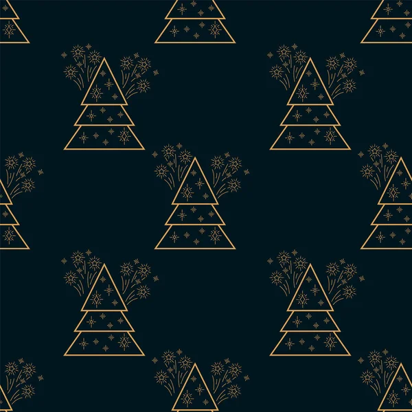 Muster von Weihnachtsbäumen in Gold. Hintergrundbild von Neujahr und Weihnachten. Handgezeichnete lineare Illustration eines Waldbaums. Dekorationen und Lichter funkeln am Baum. Textur für Weihnachten — Stockvektor