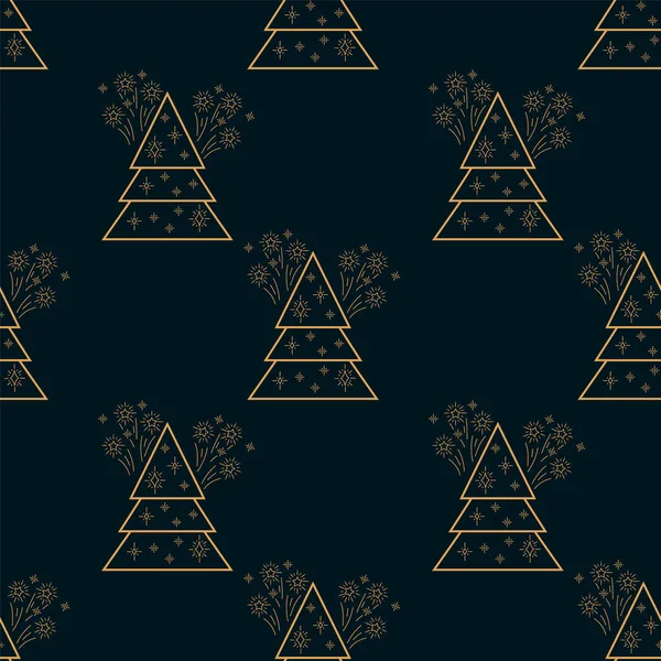 Motif des arbres de Noël en or. Image de fond du Nouvel An et de Noël. Illustration linéaire dessinée à la main d'un arbre forestier. Décorations et lumières scintillent sur l'arbre. Texture pour Noël — Image vectorielle