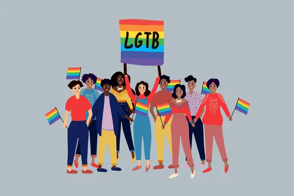 Une foule de personnes, des participants au défilé LGBT. Manifestation de rue pour les droits des gays et des lesbiennes. Un groupe d'hommes, de femmes, de bisexuels et de personnes transgenres. Illustration vectorielle juteuse en — Image vectorielle