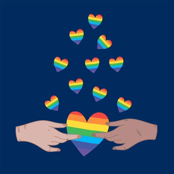 LGBT Pride srdce s rukama. Symboly v barvách duhových rukou v kruhu srdcí. Gay Pride, lesbičky, bisexuální a transgender měsíc. Plochý design ilustrace, v plochém stylu pro — Stockový vektor