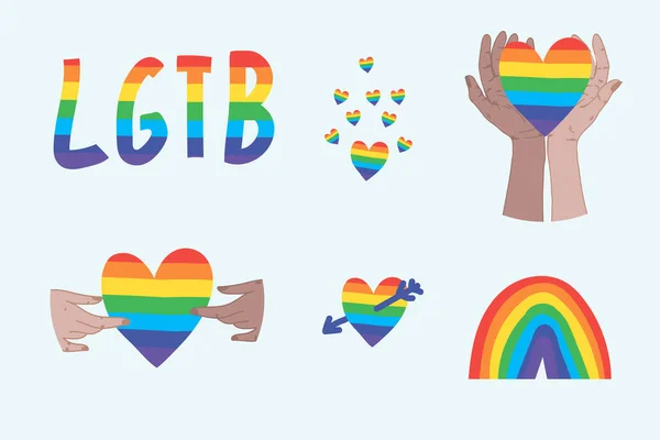 Sbírka LGBT ilustrací. Ukažte svou nezávislost: gay, lesbička, transsexuál, bisexuál. Krásný nápis, srdce v ruce, duha, malováno v barvě duhového symbolu — Stockový vektor