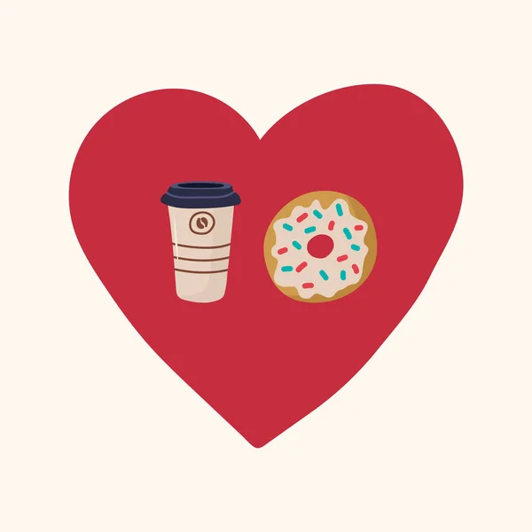 Uma xícara de café takeaway com um donut no círculo do coração. Bela ilustração do amor pelo café da manhã com café e donut. Pão vitrificado com uma bebida perfumada em um copo com uma tampa. Vermelho. — Vetor de Stock