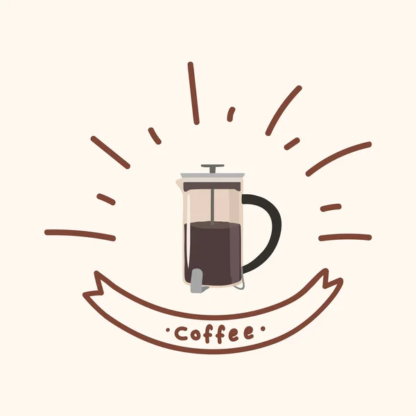 Beautiful French press with coffee. A hand-drawn poster for a coffee shop or restaurant. Coffee pot in Doodle circle illustration. Cute coffee kettle in the style of flat. — Stock Vector