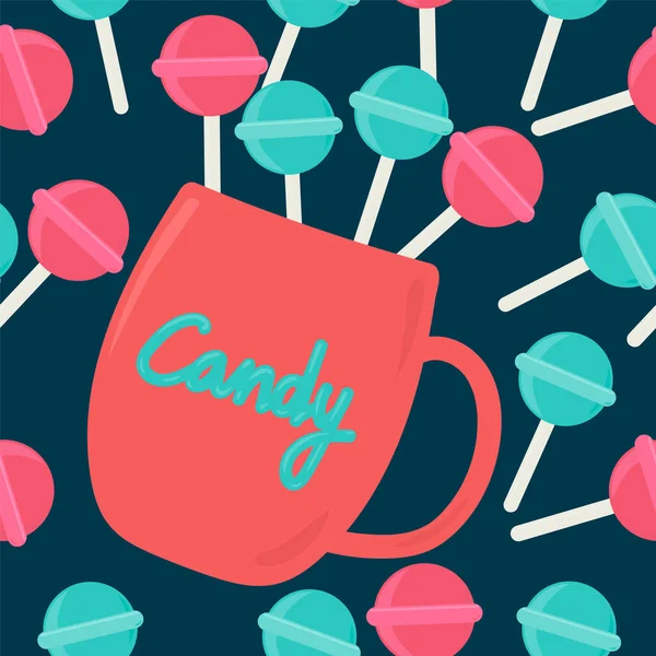 Fondo de una taza de caramelo con caramelo en un palo. Caramelos coloridos en un palo. Patrón vectorial, taza roja de Navidad con dulces hermosa textura. Lollipops de menta y fruta de invierno en un vaso etiquetado — Archivo Imágenes Vectoriales