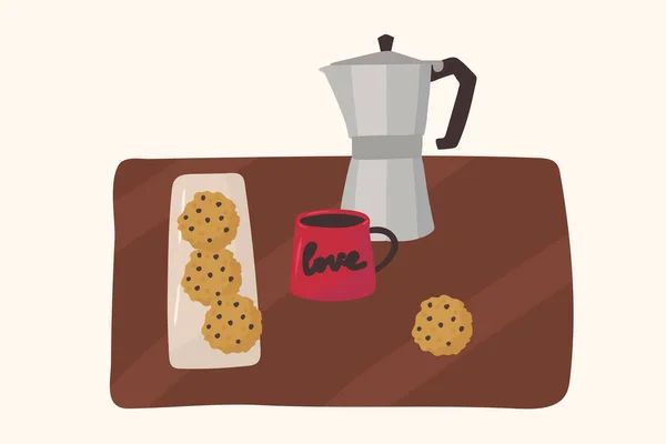 Αφίσα για καφέ και μπισκότα. Εικονογράφηση για κουζίνα ή εστιατόριο για υφάσματα στη μαγειρική. Χειροποίητη καφετιέρα επίπεδου τύπου, κούπα και αμερικάνικα μπισκότα σοκολάτας. Clipart σύμβολο των ζεστών ποτών — Διανυσματικό Αρχείο