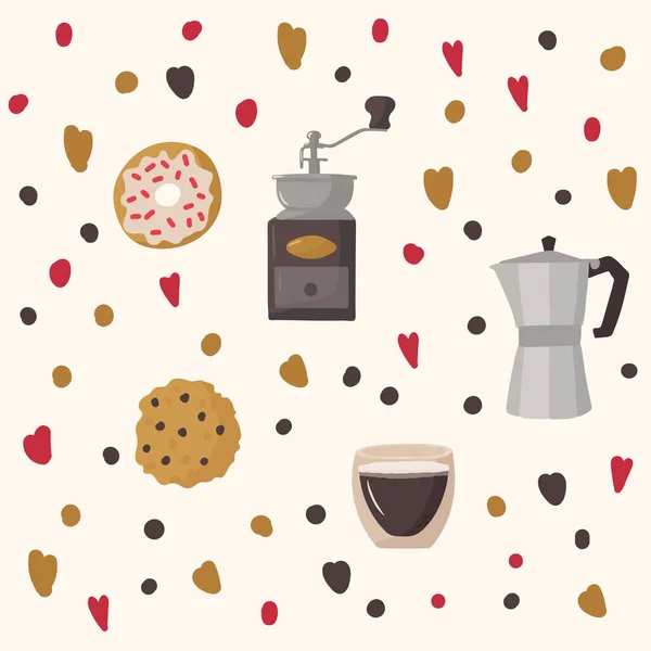Иллюстрация кофейных символов и различных десертов. Предпосылки для кафе или ресторана. Рука нарисована в плоском стиле чашки и сосуды: Капучино, утро, Латте, эспрессо, черный, американо, мокко — стоковый вектор
