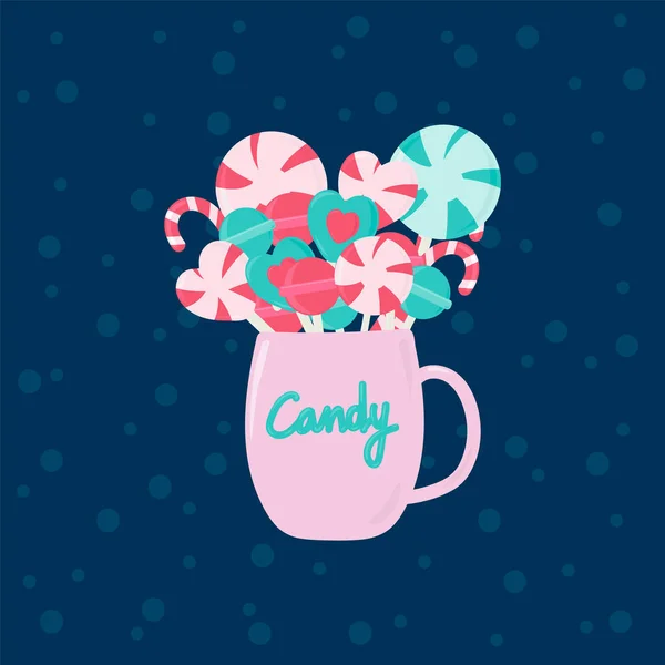 Taza de caramelo con caramelos de frutas y dulces. Una espiral de caramelos multicolores, con forma de caramelo. Ilustración vectorial, taza de Navidad rosa con dulces. Dulces de invierno en una copa con la inscripción Candy. Dibujado — Archivo Imágenes Vectoriales