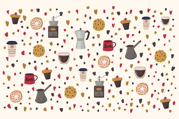 Große Illustration von Kaffee und verschiedenen Desserts. Muster für Küche oder Restaurant. Textur für Textilien beim Kochen. Handgezeichnete flache Tassen, Gefäße und Süßigkeiten: Cappuccino, Morgens, Latte — Stockvektor
