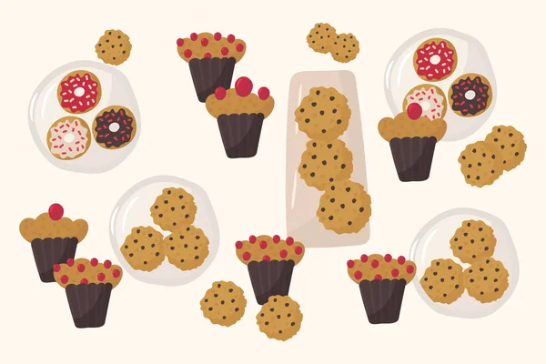 Doodle γλυκό διάνυσμα μπισκότο. Αρτοποιείο, cupcakes και γλυκά, που για το ψήσιμο. Επίπεδη ζωγραφισμένα στο χέρι μεμονωμένα αντικείμενα. Ζαχαροπλαστείο αρωματική συλλογή ζύμης όμορφη αφίσα. — Διανυσματικό Αρχείο