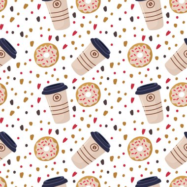 Kahveli tatlı çörek. Mutfak tekstili için arka plan. Cafe restoranının tatlı menüsü. Kahve fincanlarının güzel kombinasyonu Latte, Americano, espresso, Matcha, karamel ekmekli sade. Kusursuz yalıtılmış