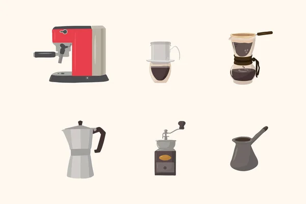 Коллекция кофе сосудов. Иллюстрации кофе ручной работы для кафе или кухни. Клипарт для капучино, утро, латте, эспрессо, черный, кекс, пончик, американское плоское печенье. Нарисованный в векторе — стоковый вектор