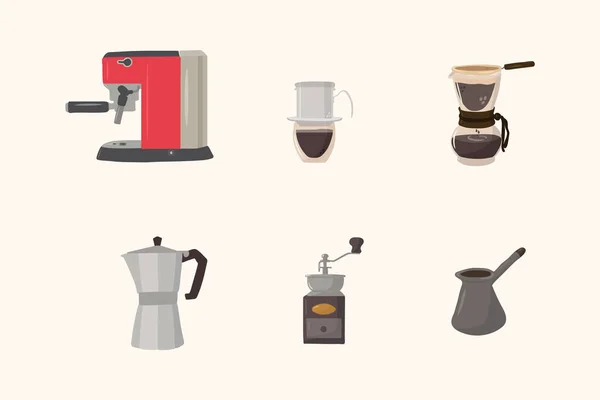 Coleção de vasos de café. Ilustrações de café desenhadas à mão para cafés ou cozinhas. Clipart para cappuccino, manhã, café, café expresso, preto, muffin, donut, biscoitos lisos americanos. Desenhado em um vetor em — Vetor de Stock