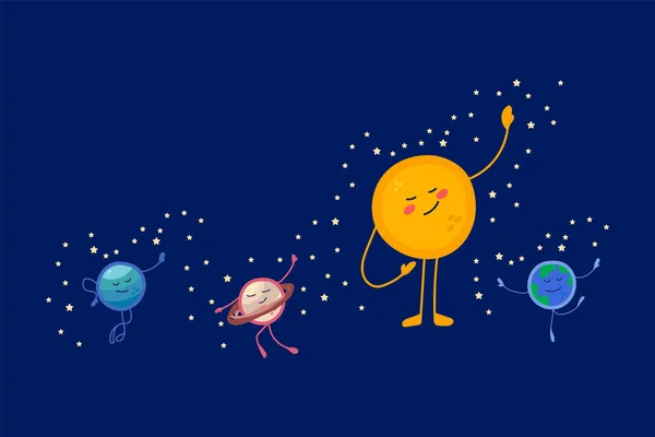 Pianeti carini nel sistema solare. Universo dei cartoni animati in un cerchio di stelle per bambini: Sole, Terra, Giove Venere. Disegni spaziali per bambini di pianeti per bambini disegno tessile. Clipart isolata. — Vettoriale Stock