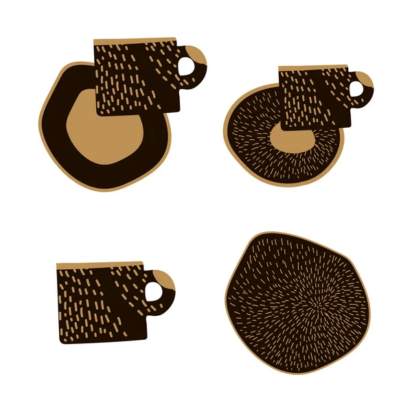 Schöne Gerichte mit abstrakten Mustern. Handgezeichnete Textur eines Tellers und einer Tasse. Clipart für Café-Menü. Textilien für Modeküchen. Isolierte Vektorillustration im modischen Tafelstil. — Stockvektor